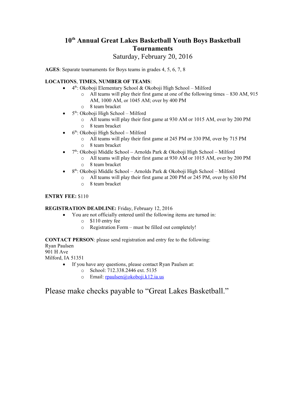 Okoboji Youth Boys Basketball Tournaments