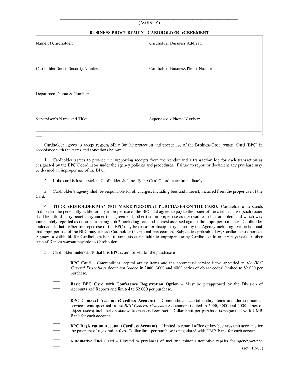 Business Procurement Cardholder Agreement