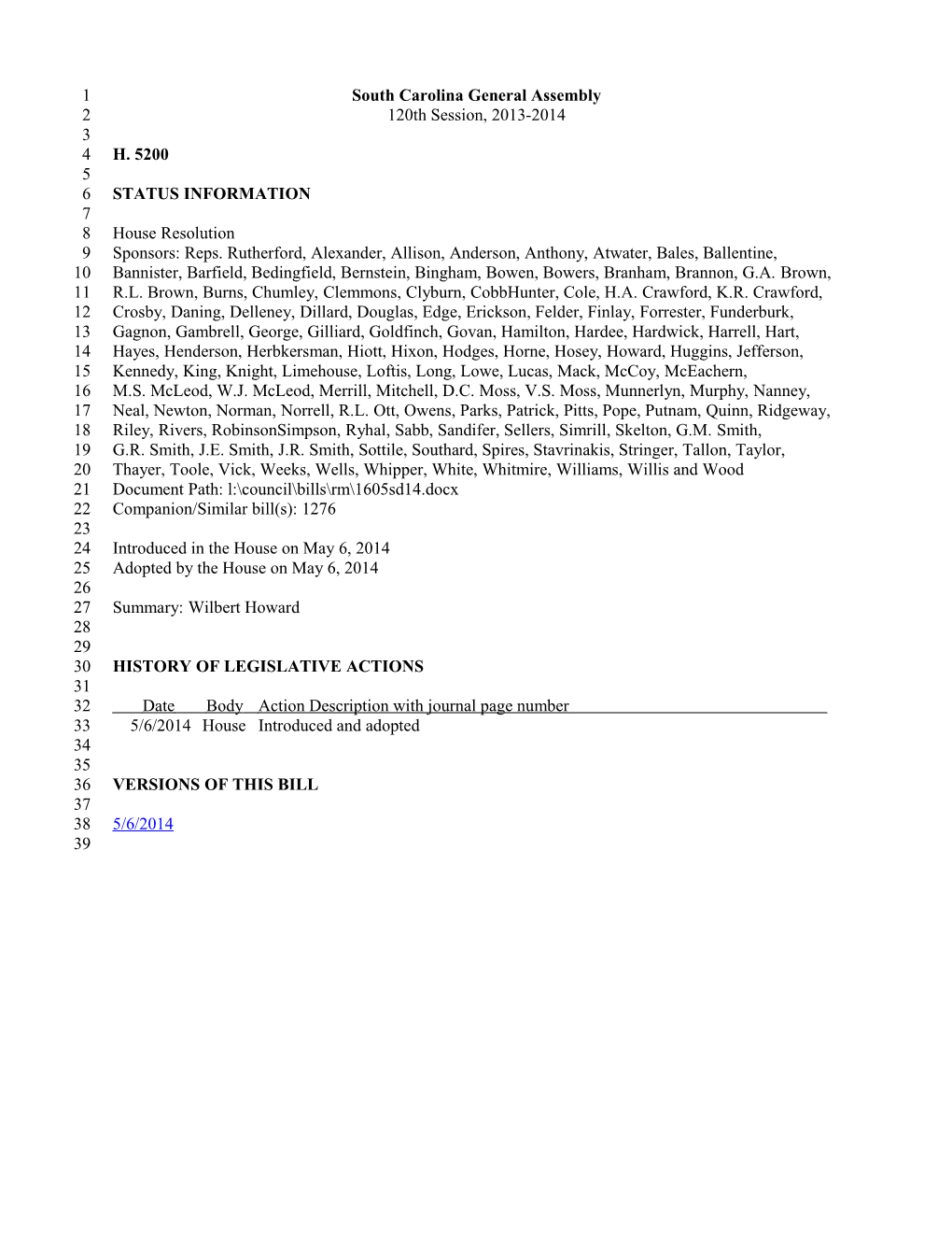 2013-2014 Bill 5200: Wilbert Howard - South Carolina Legislature Online