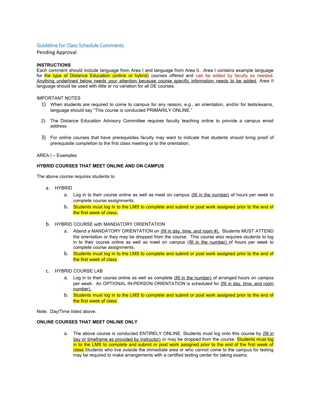 Guideline for Class Schedule Comments