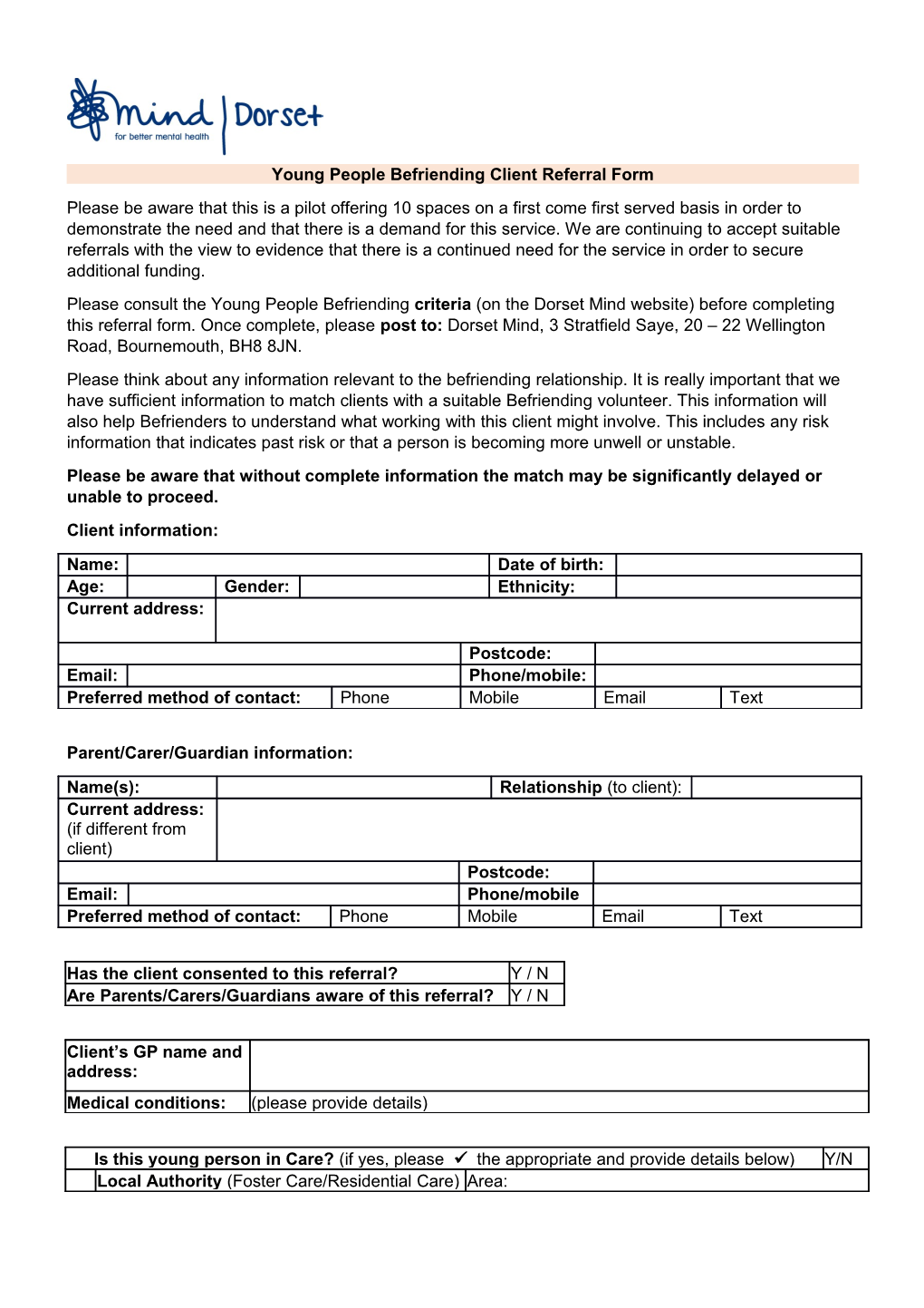 Young People Befriending Client Referral Form