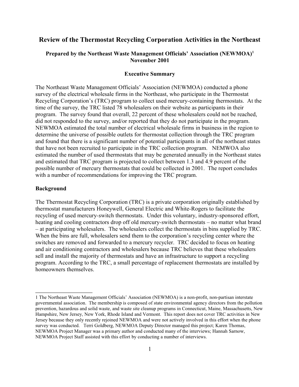 Review of the Thermostat Recycling Corporation Activities in the Northeast