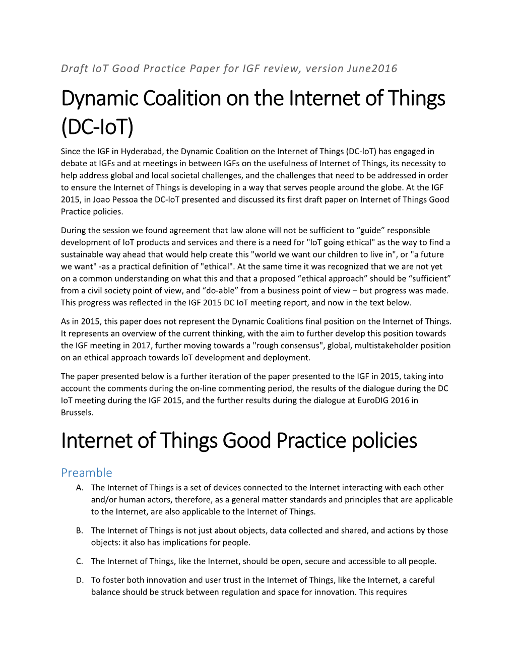 Draft Iot Good Practice Paper for IGF Review, Version June2016