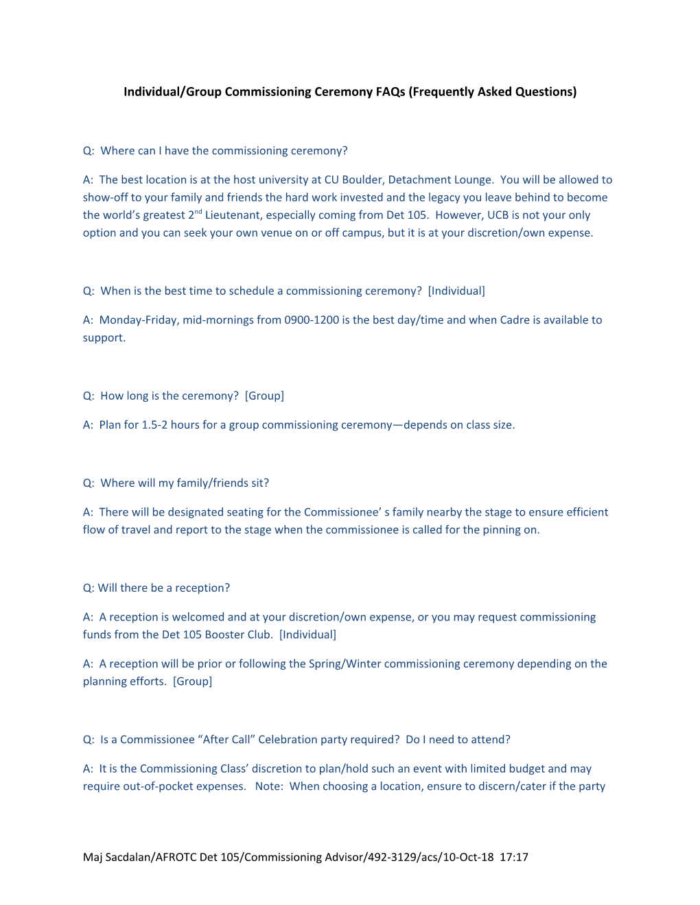 Individual/Group Commissioning Ceremony Faqs (Frequently Asked Questions)