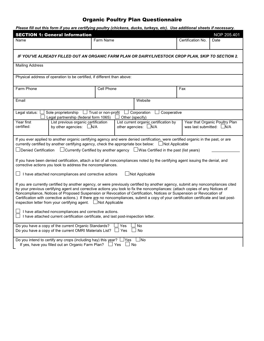 Organic Livestock Plan Questionnaire: Slaughter/Dairy