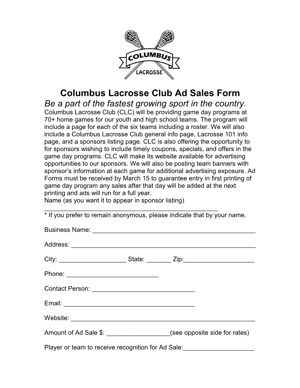 Columbus Lacrosse Club Ad Sales Form