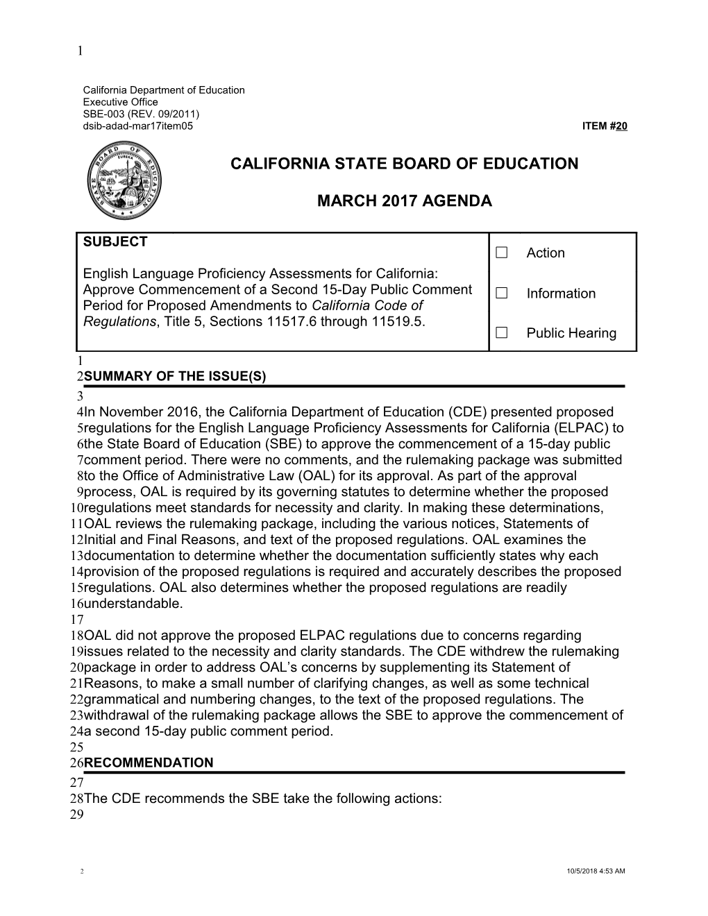 March 2017 Agenda Item 20 - Meeting Agendas (CA State Board of Education)