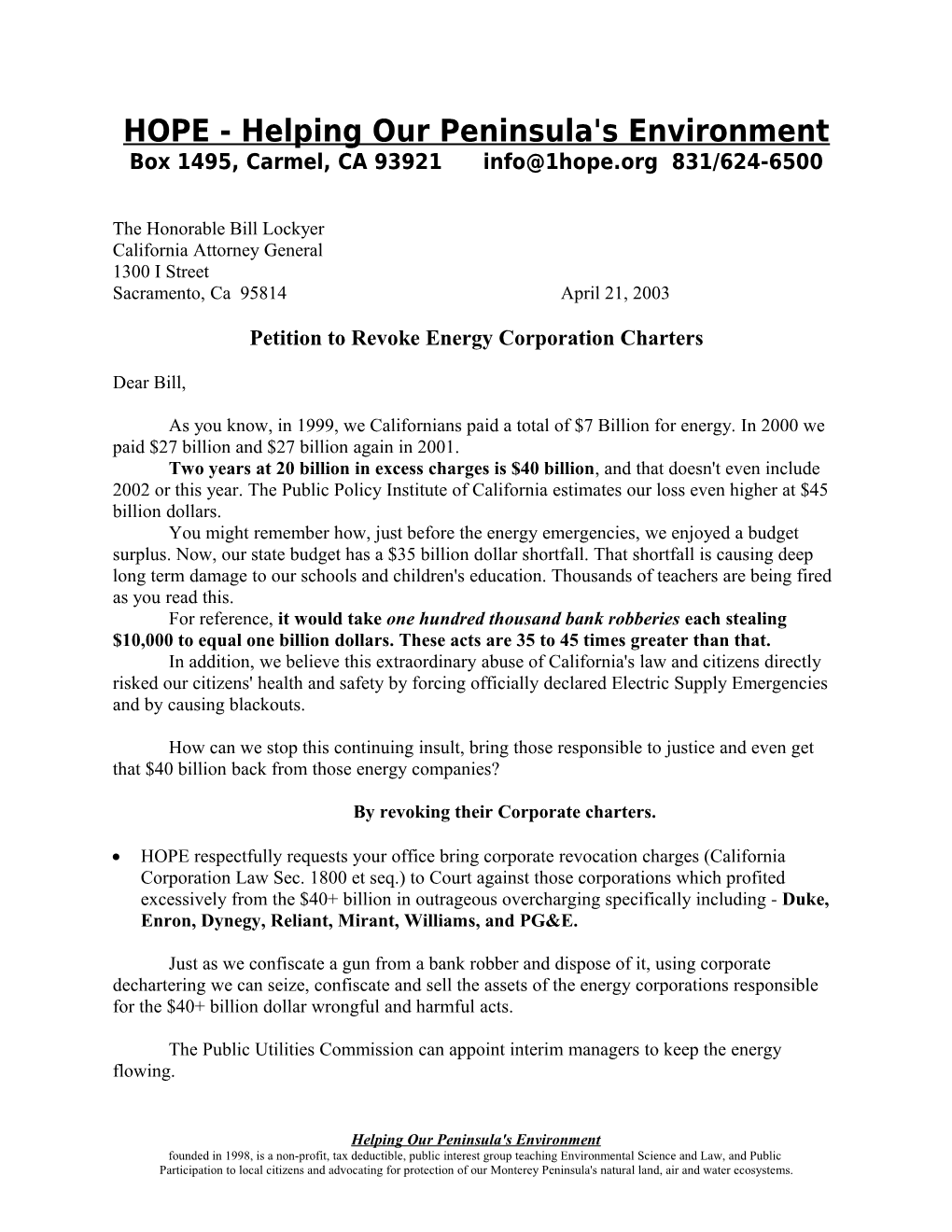 HOPE - Petition to Revoke Energy Corporation Charters