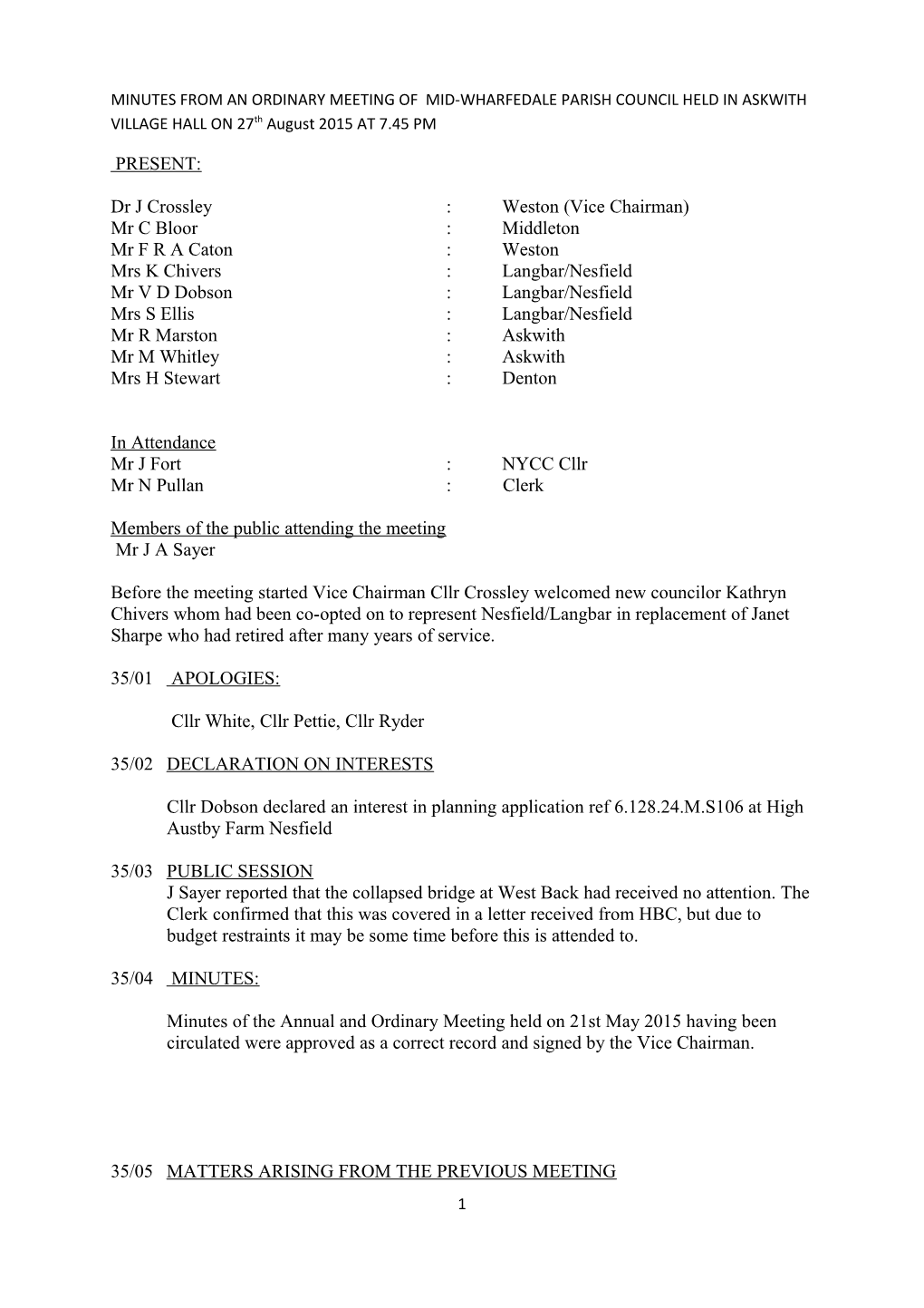 Minutes from the Meeting of the Mid-Wharfedale Parish Council