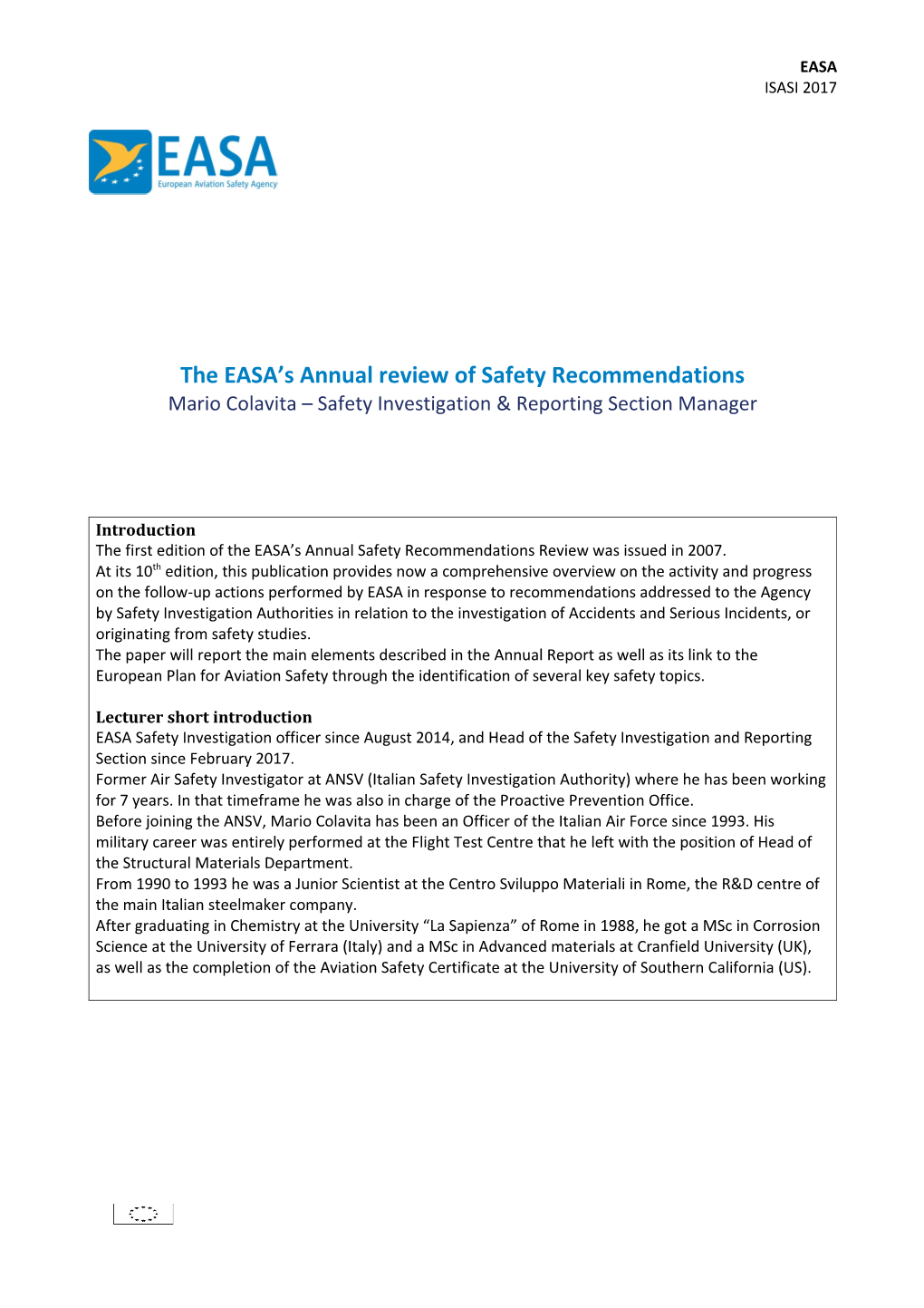 The EASA S Annual Review of Safety Recommendations