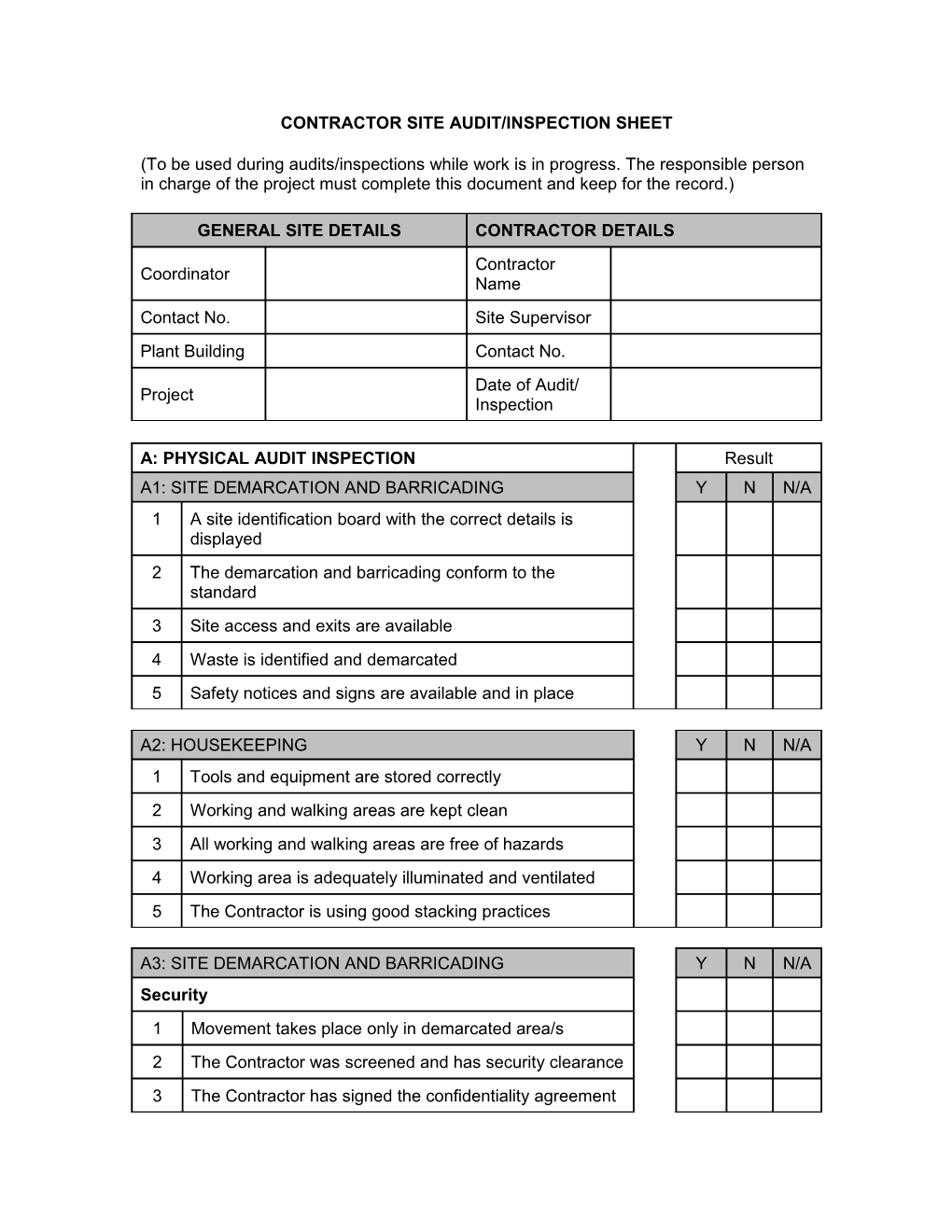 Contractor Site Audit/Inspection Sheet