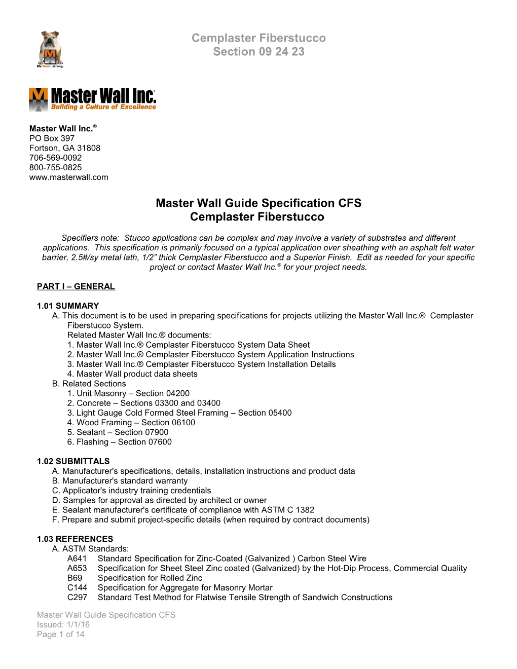 Master Wall Guide Specification CFS