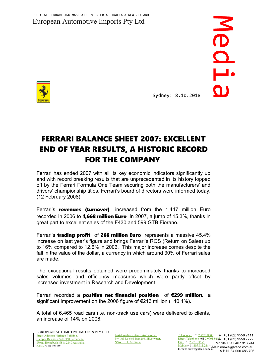 Ferrari Balance Sheet 2007: Excellent End of Year Results, a Historic Record for the Company