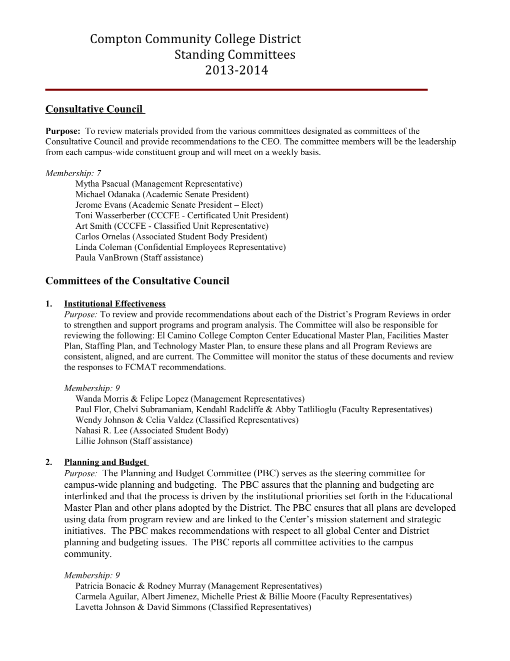 Compton Community College District Institutional Standing Committees