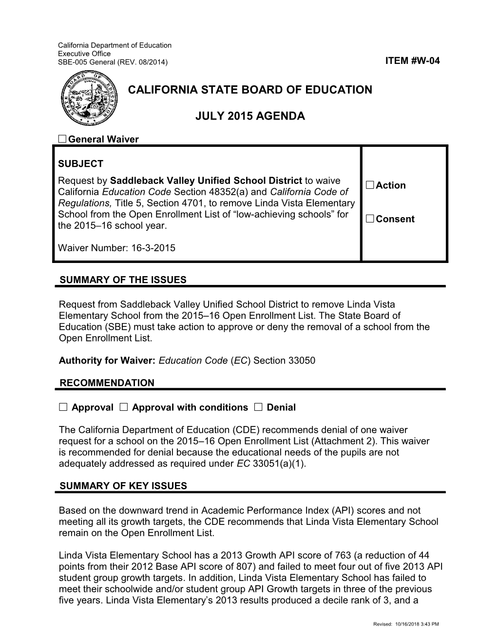 July 2015 Waiver Item W-04 - Meeting Agendas (CA State Board of Education)