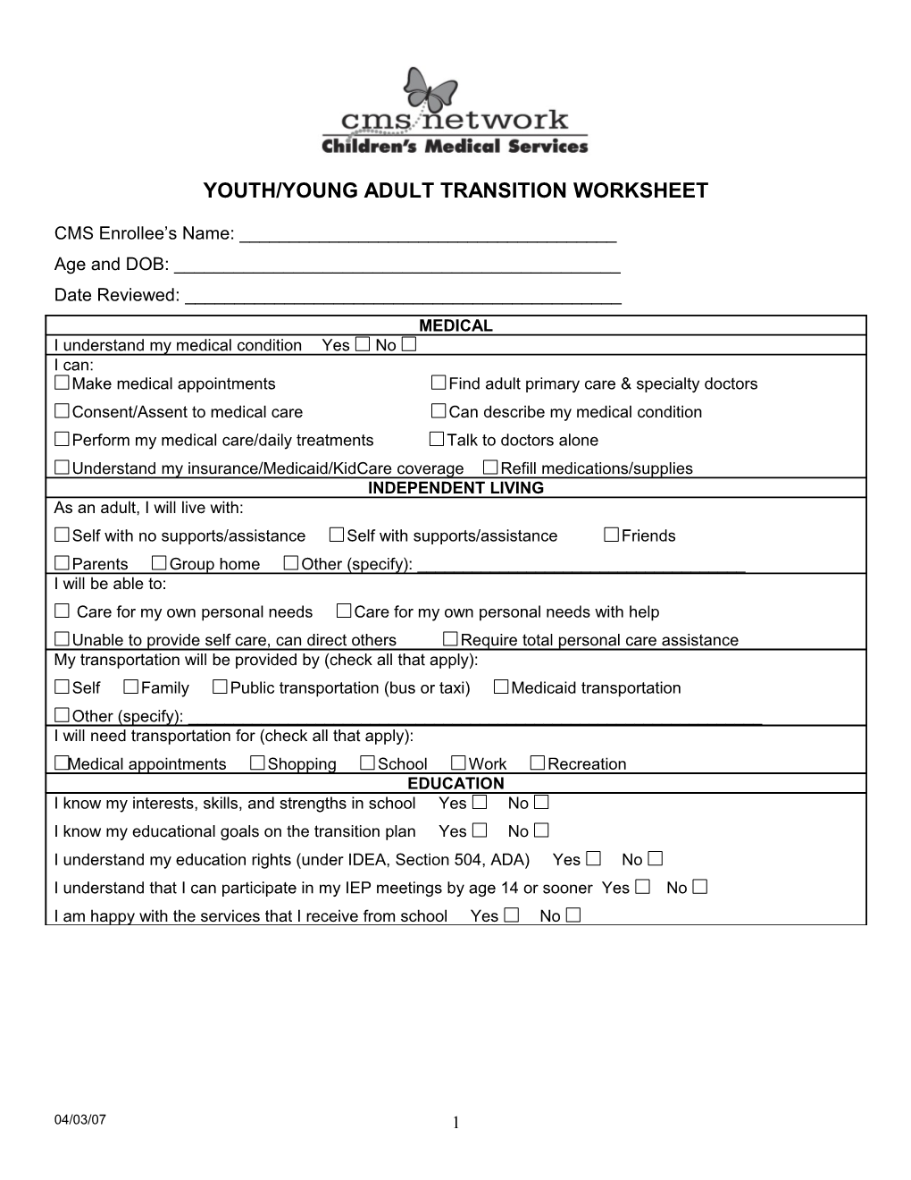 Youth/Young Adult Transition Worksheet