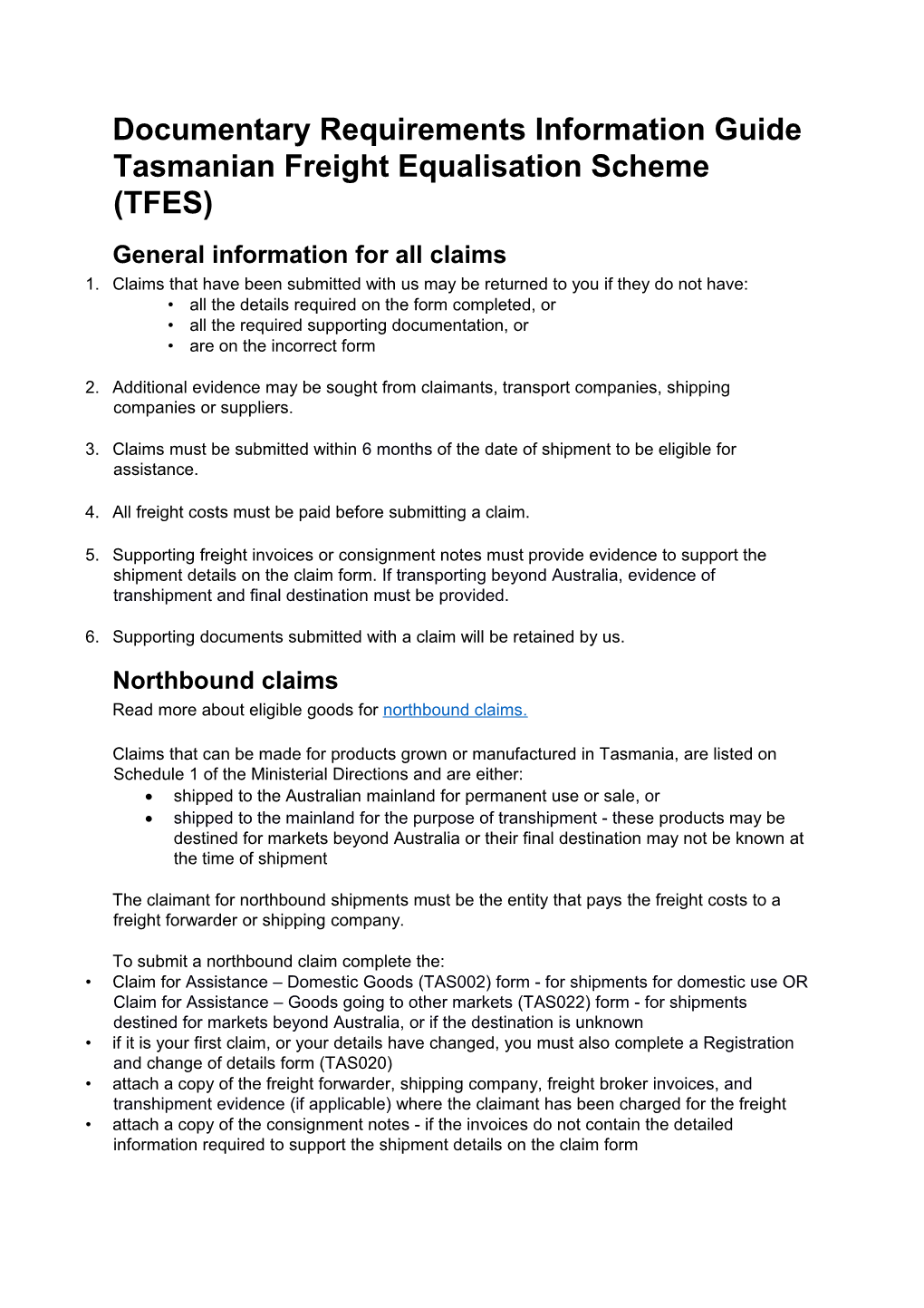 Documentary Requirements Information Guide Tasmanian Freight Equalisation Scheme (TFES)