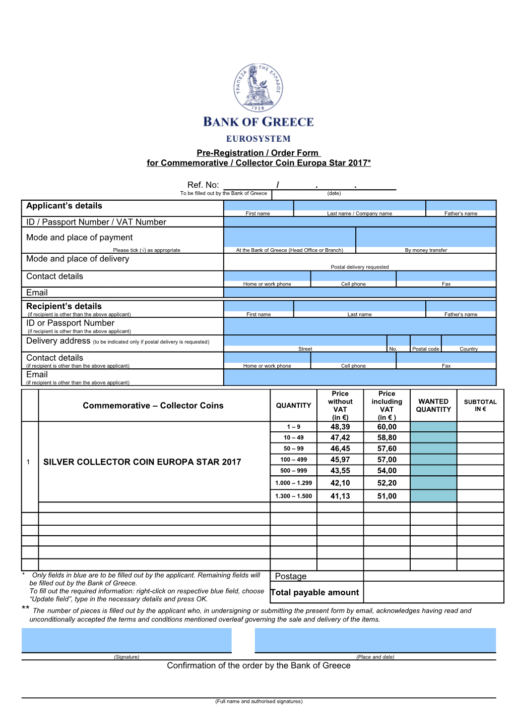 Numismatic Products Order Form 2016