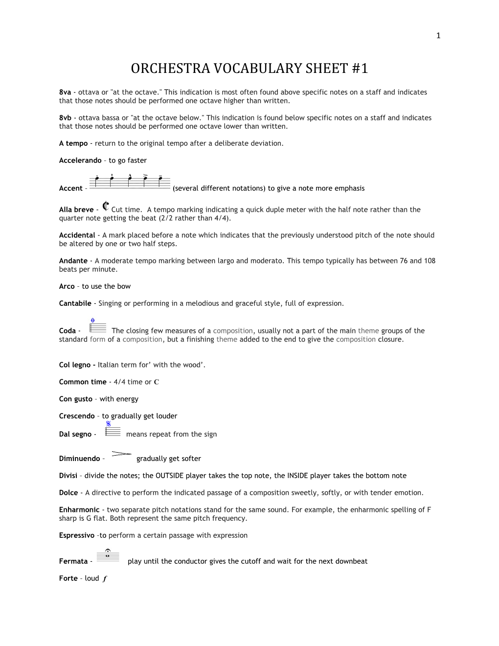 Orchestra Vocabulary Sheet #1