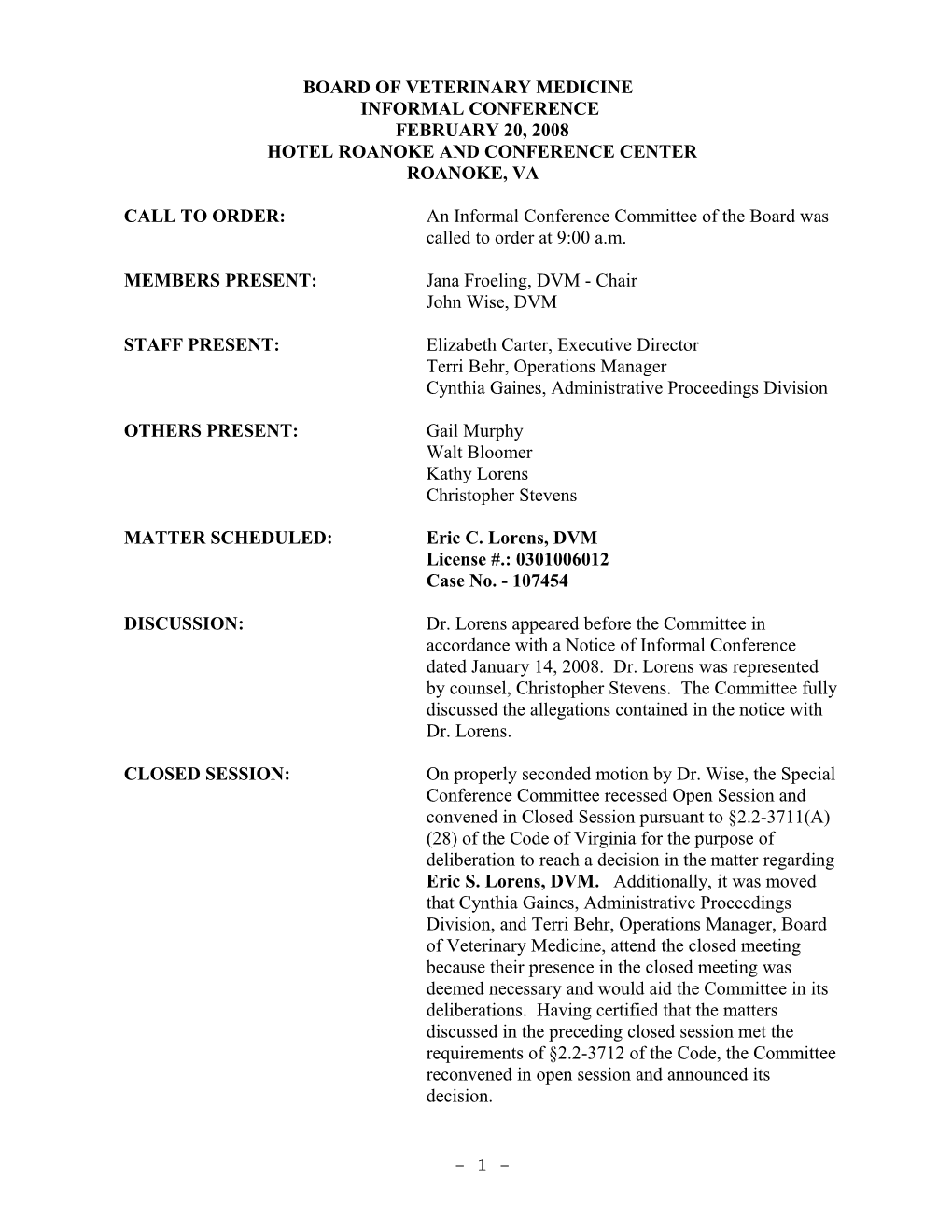 Board of Veterinary Medicine IFC Minutes 02-20-2008