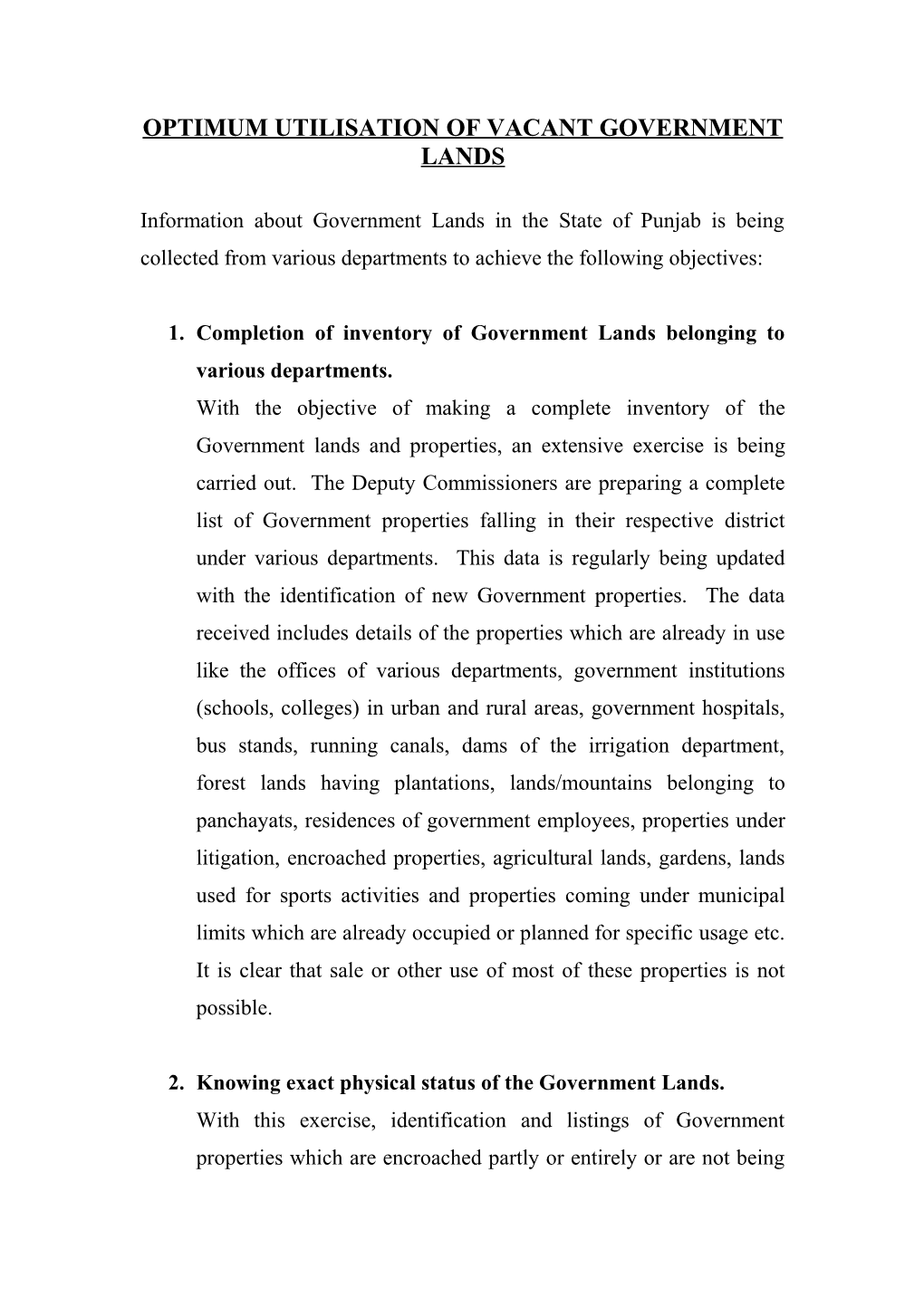 Optimum Utilisation of Government Vacant Land