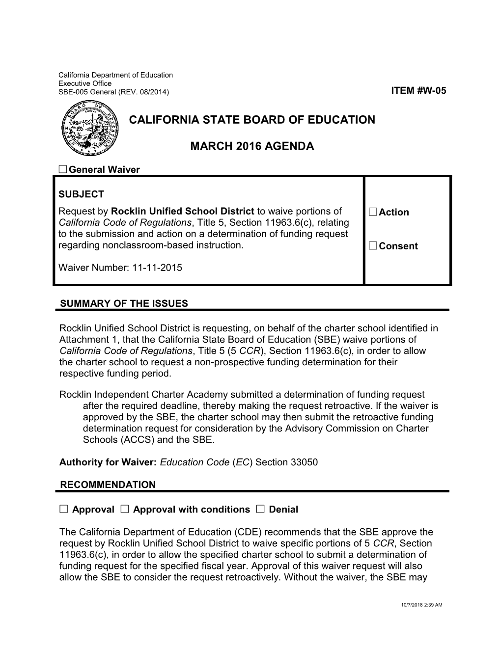 March 2016 Waiver Item W-05 - Meeting Agendas (CA State Board of Education)