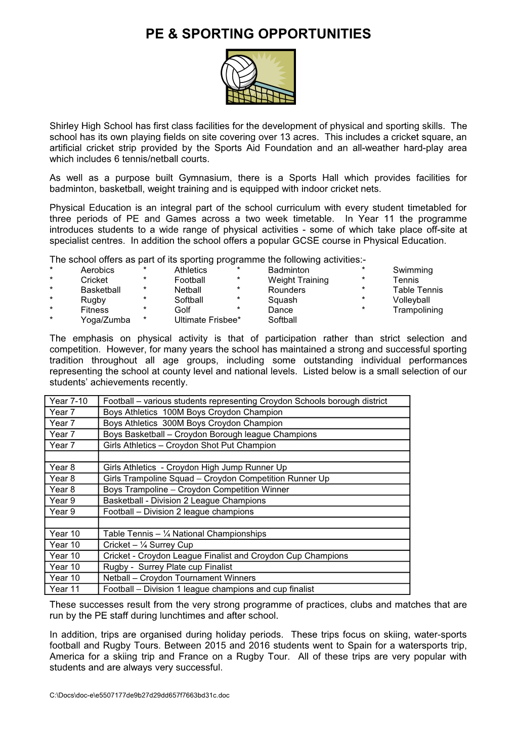 Pe & Sporting Opportunities