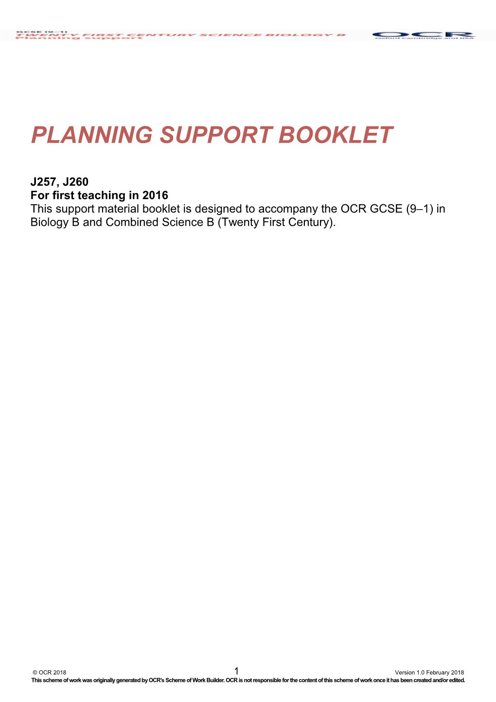 OCR GCSE (9 1) in Biology B (Twenty First Century) Support Booklet (Planning Support)