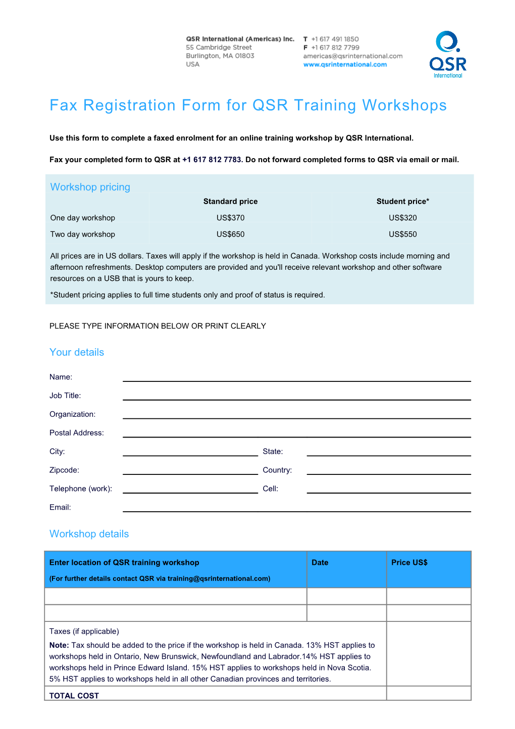 Fax Registration Form for QSR Workshop (US)