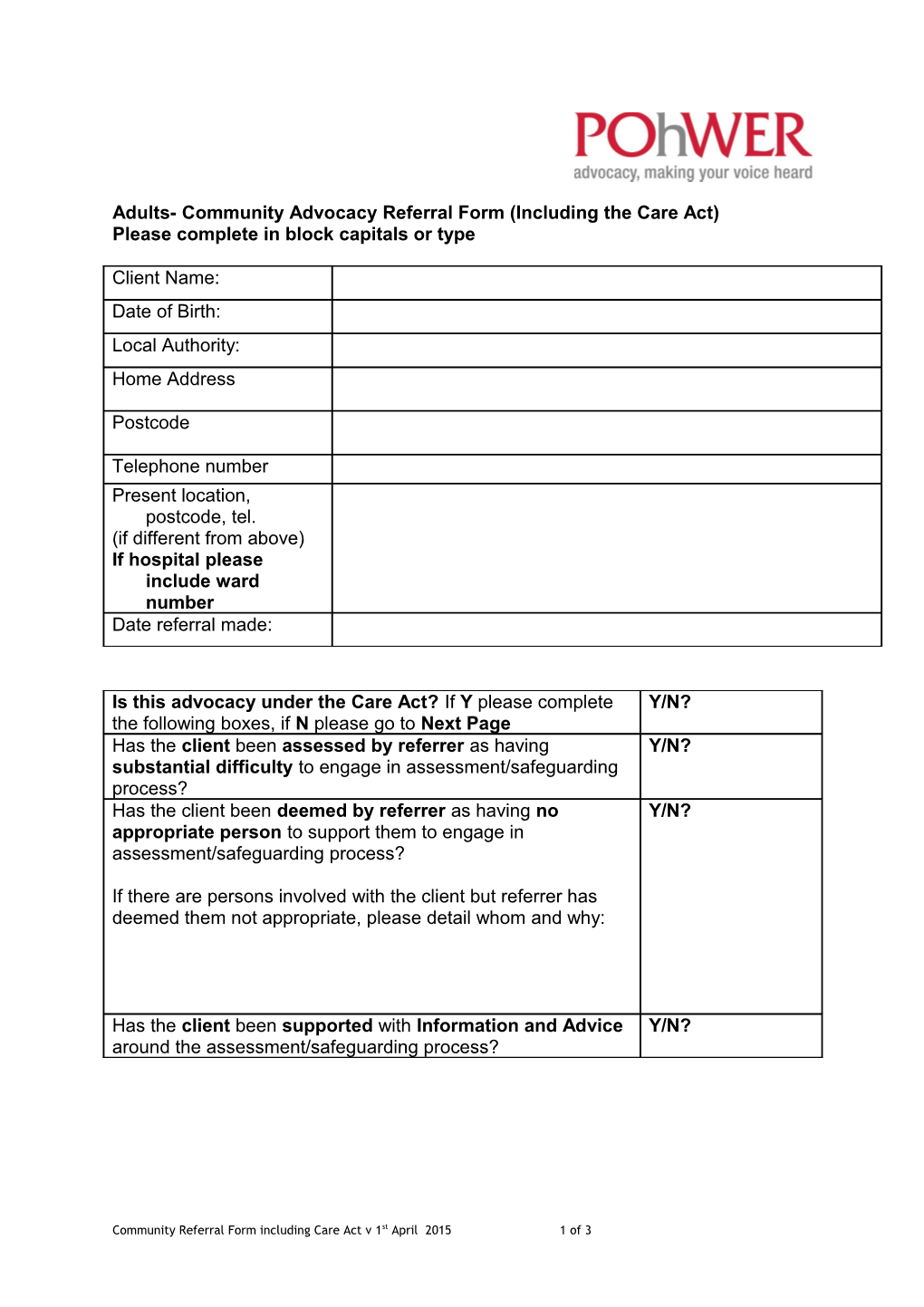 Adults- Community Advocacy Referral Form(Including the Care Act)