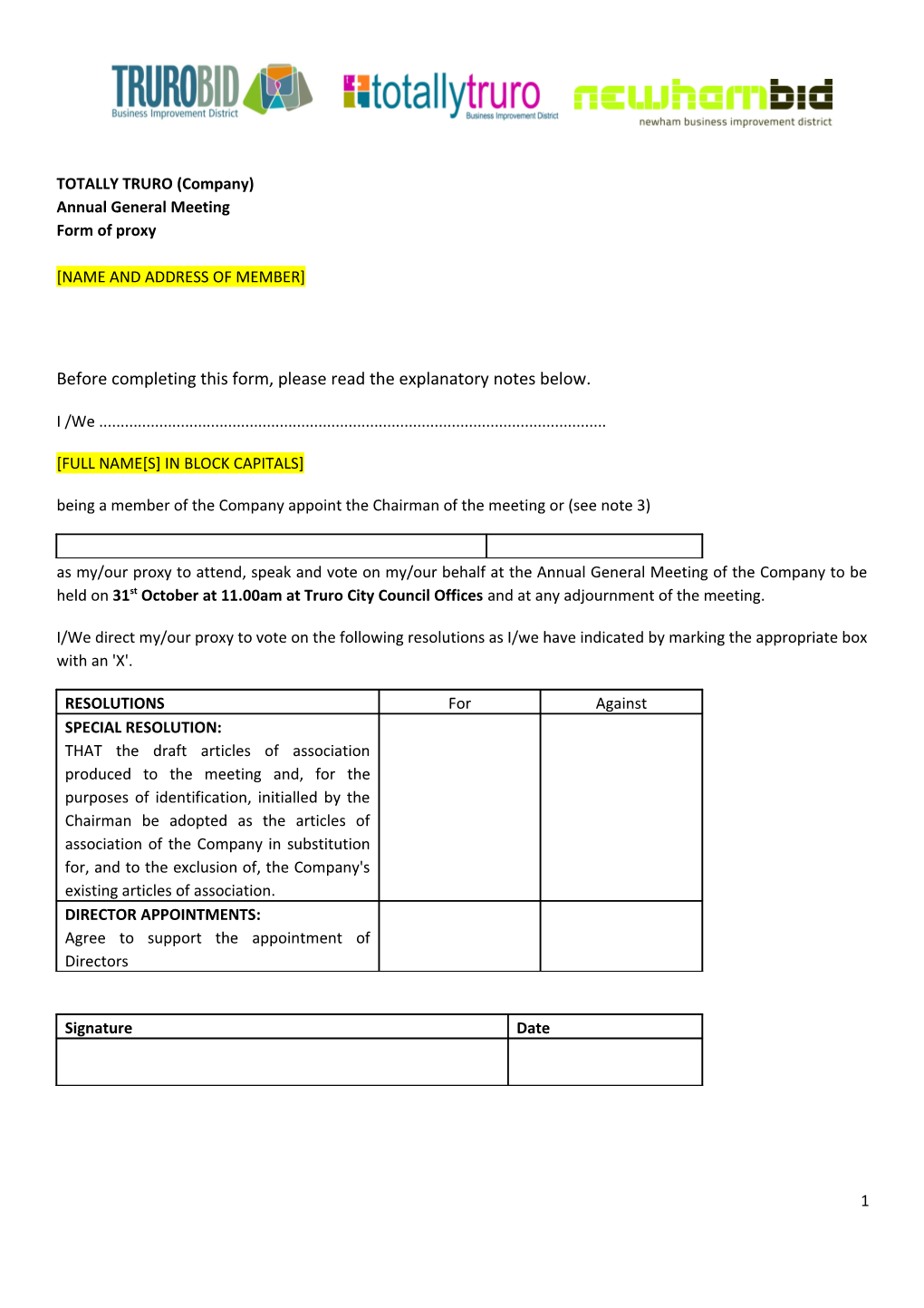 Proxy Form: Unlisted Company