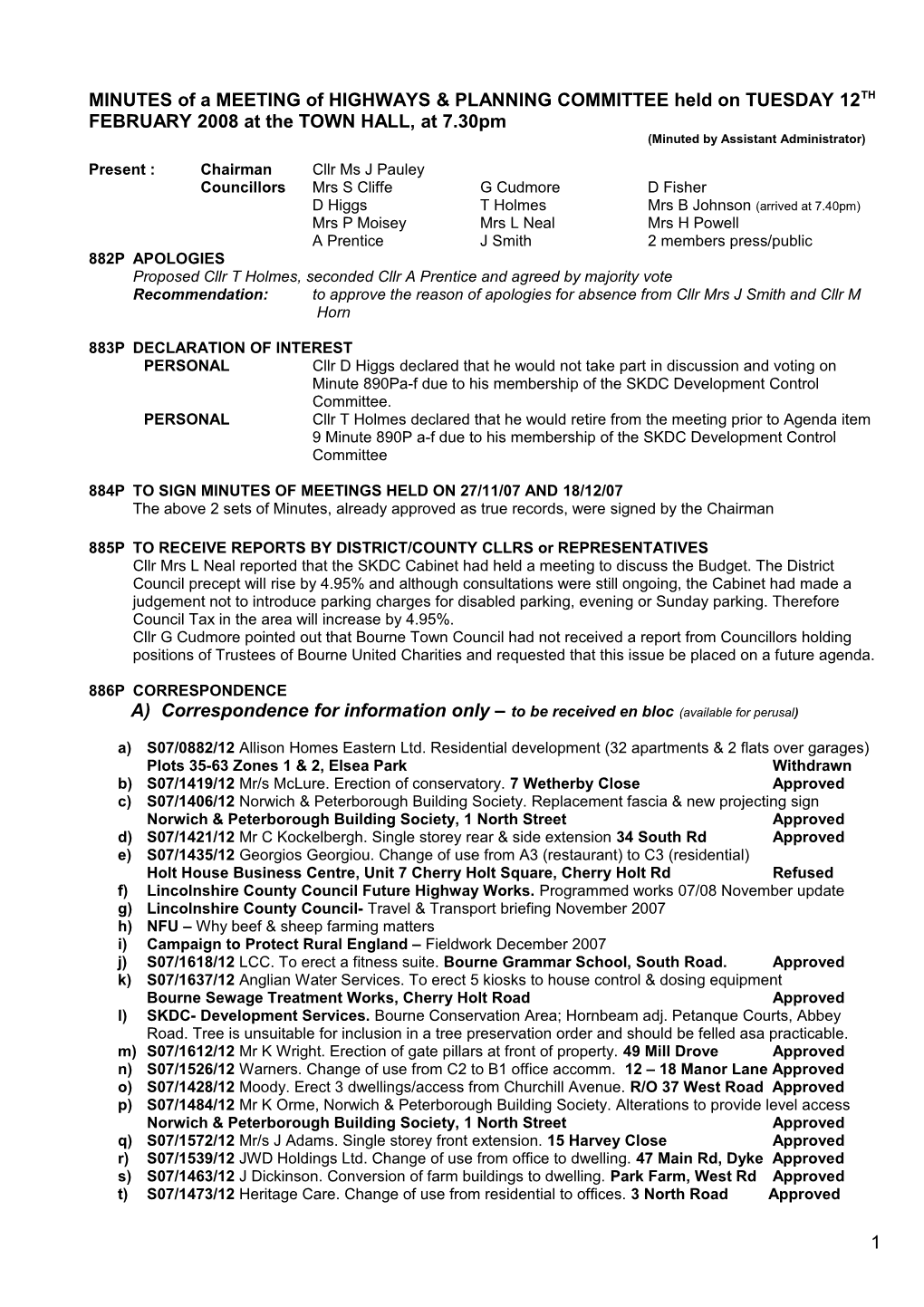 MINUTES of a MEETING of HIGHWAYS & PLANNING COMMITTEE Held on TUESDAY 12TH FEBRUARY 2008