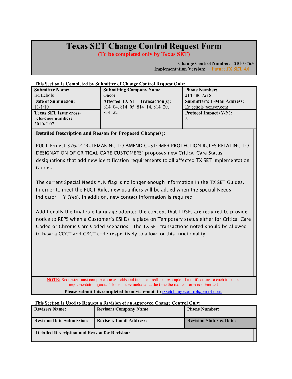 Texas SET Change Control Request Form