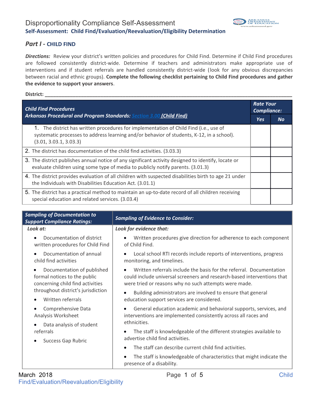 Self-Assessment: Child Find/ Evaluation/Reevaluation/Eligibility Determination