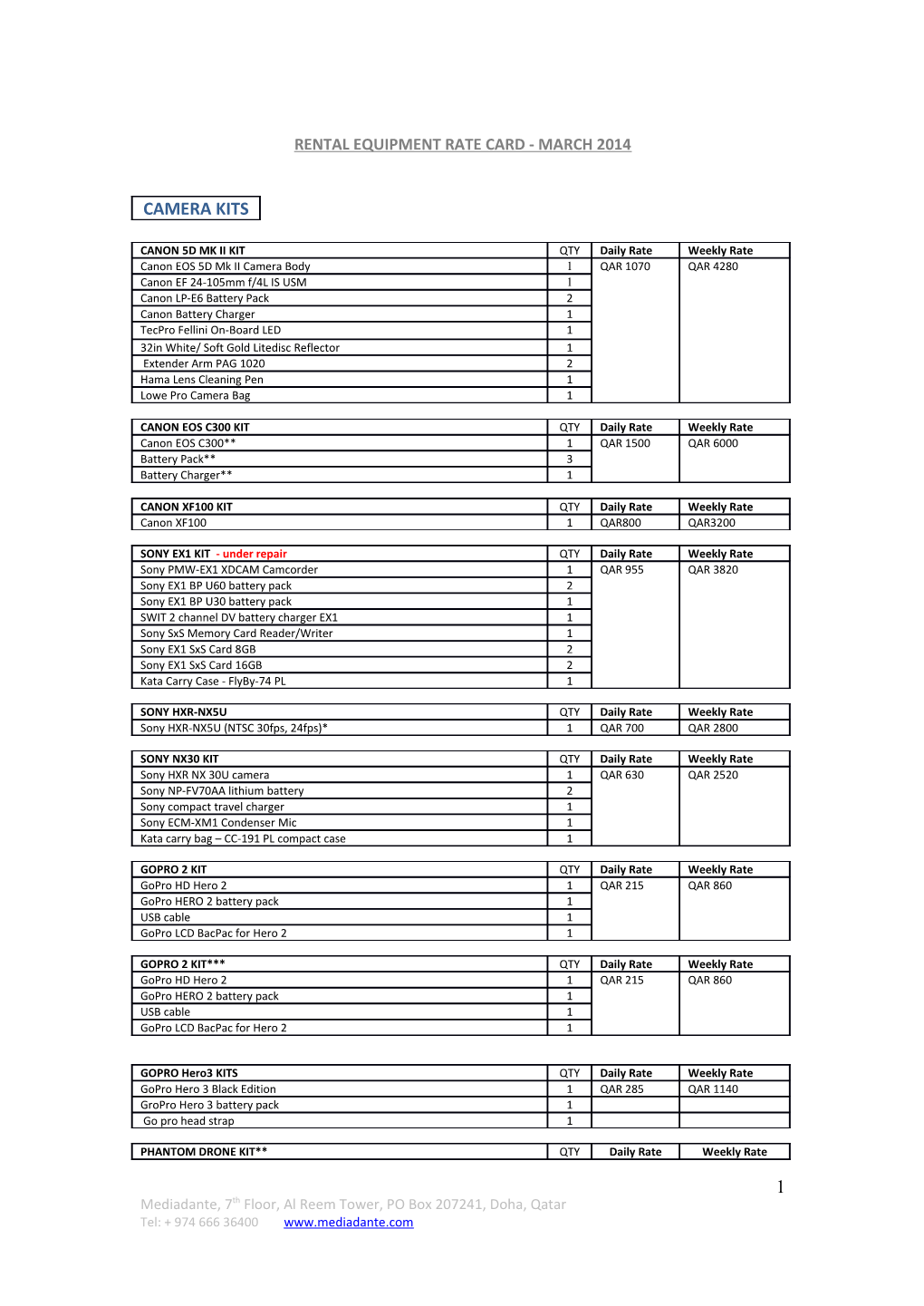 Rental Equipment Rate Card- March 2014