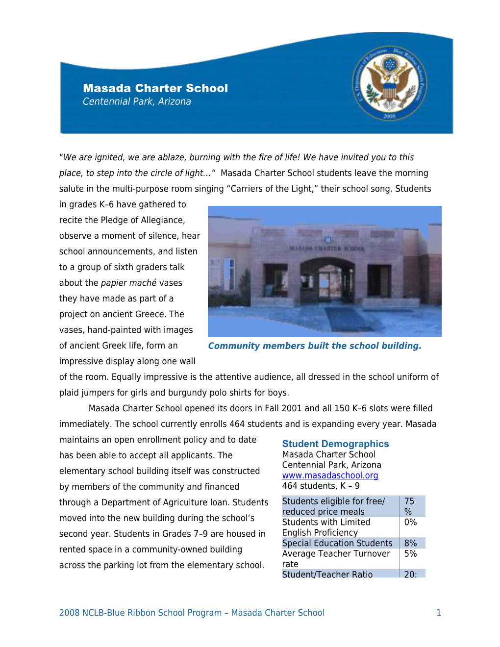 Profile of Masada Charter School, Centennial Park, AZ: a 2008 2008 Blue Ribbon Schools