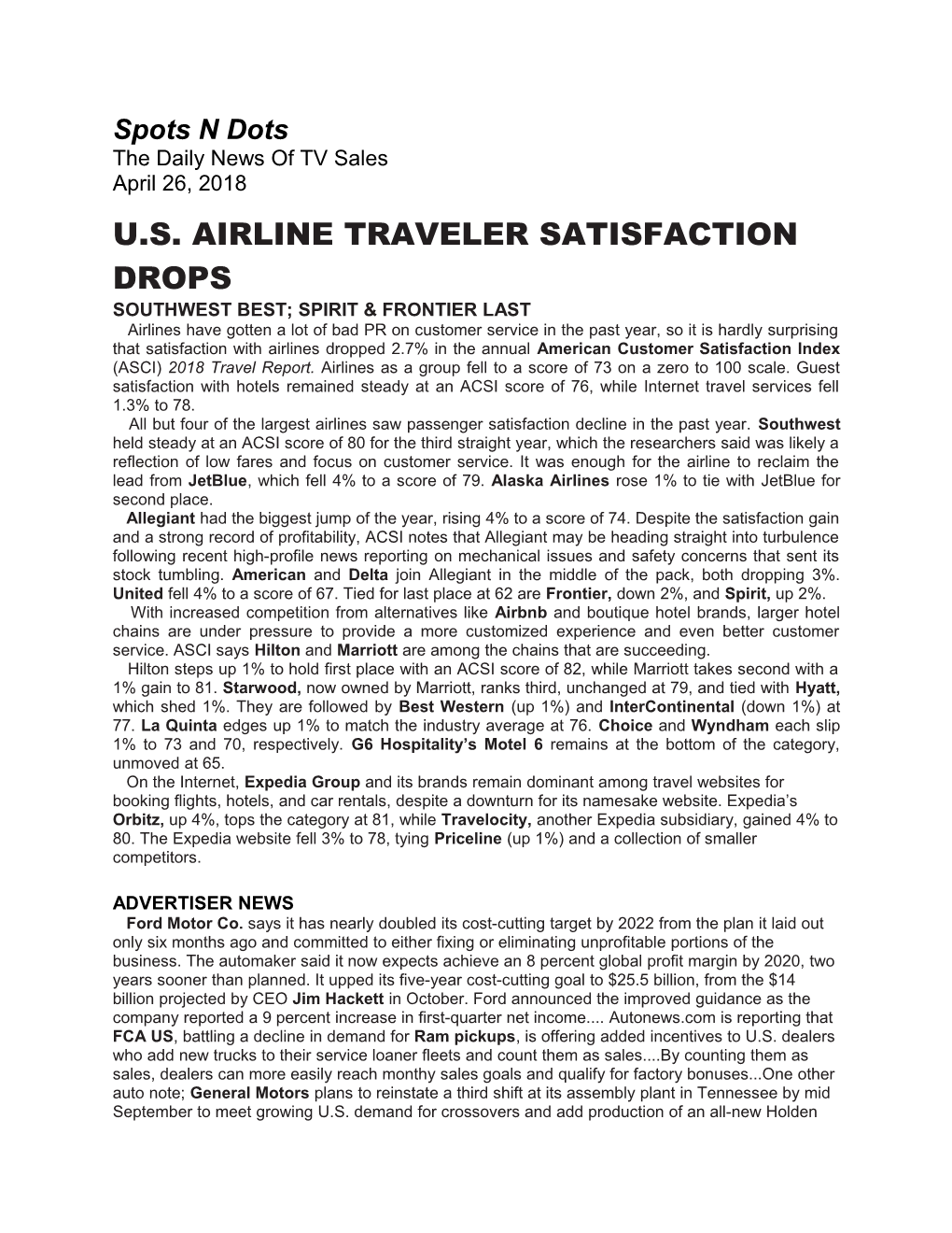 U.S. Airline Traveler Satisfaction Drops