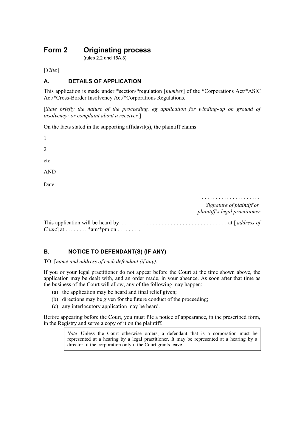 Form 2Originating Process