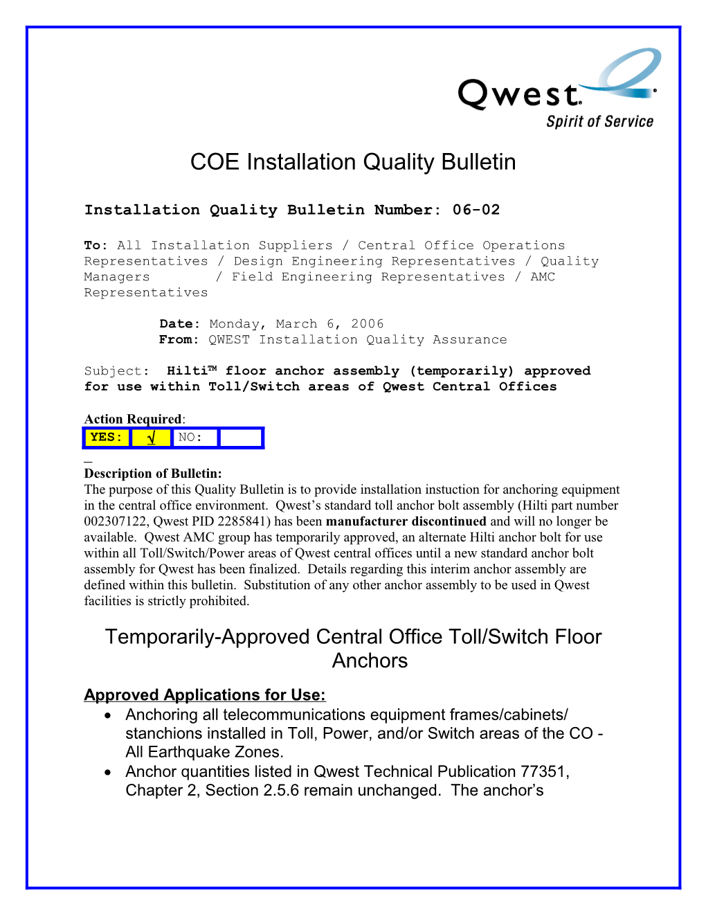 Installation Quality Bulletin Number: 06-02