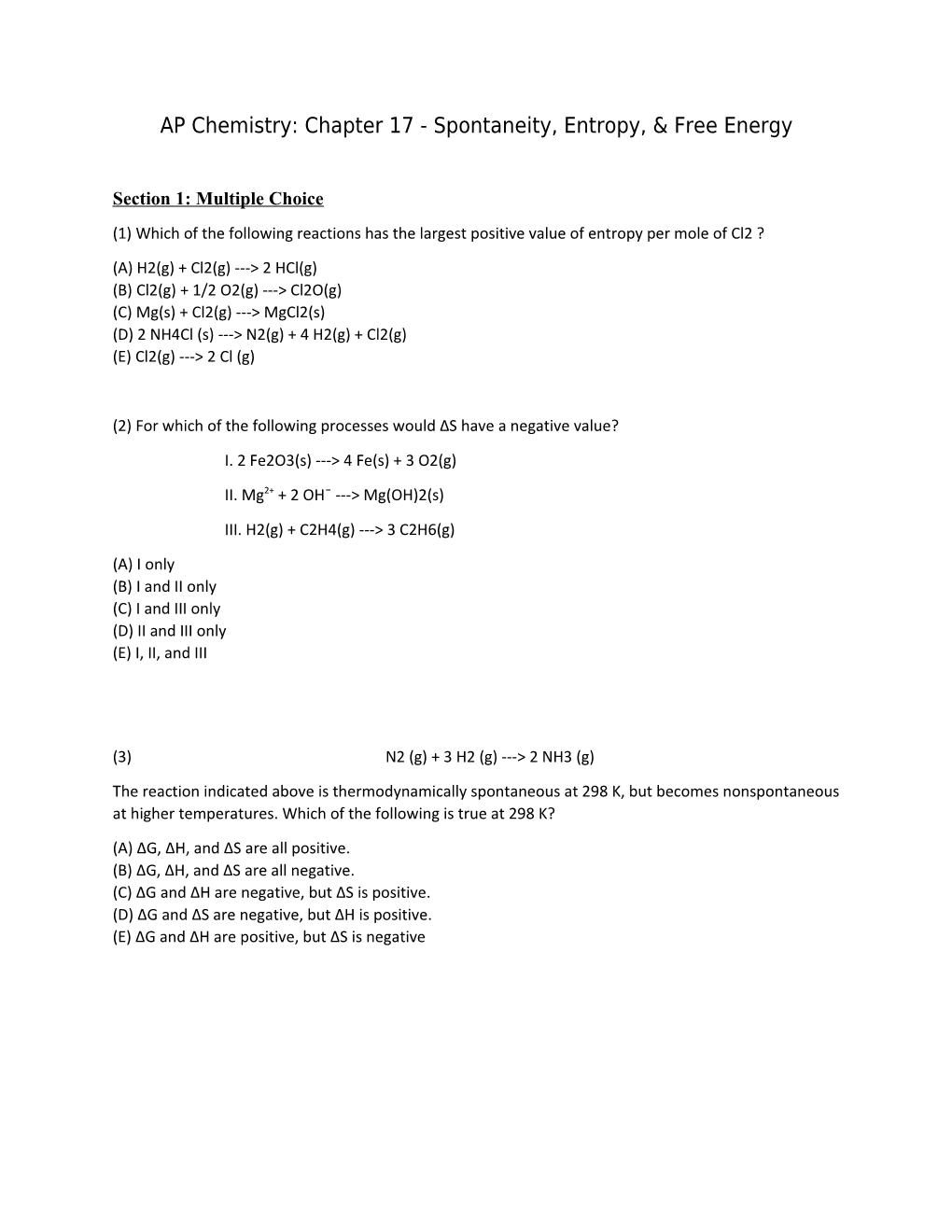 AP Chemistry: Chapter 17 - Spontaneity, Entropy, & Free Energy