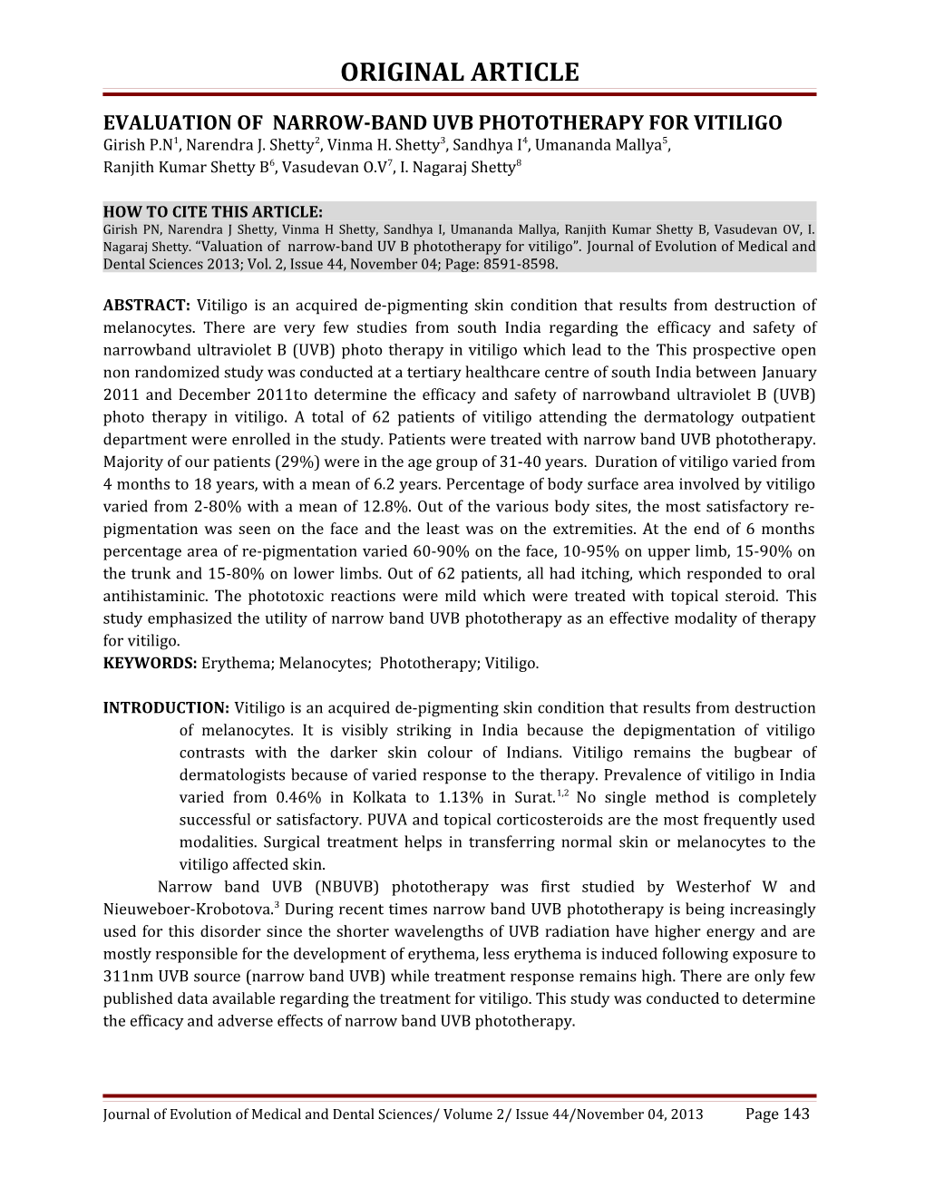 Evaluation of Narrow-Band Uvb Phototherapy for Vitiligo