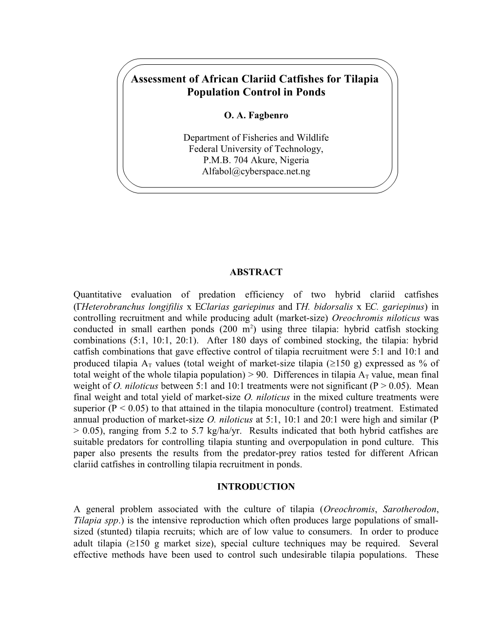 Assessment of African Clariid Catfishes