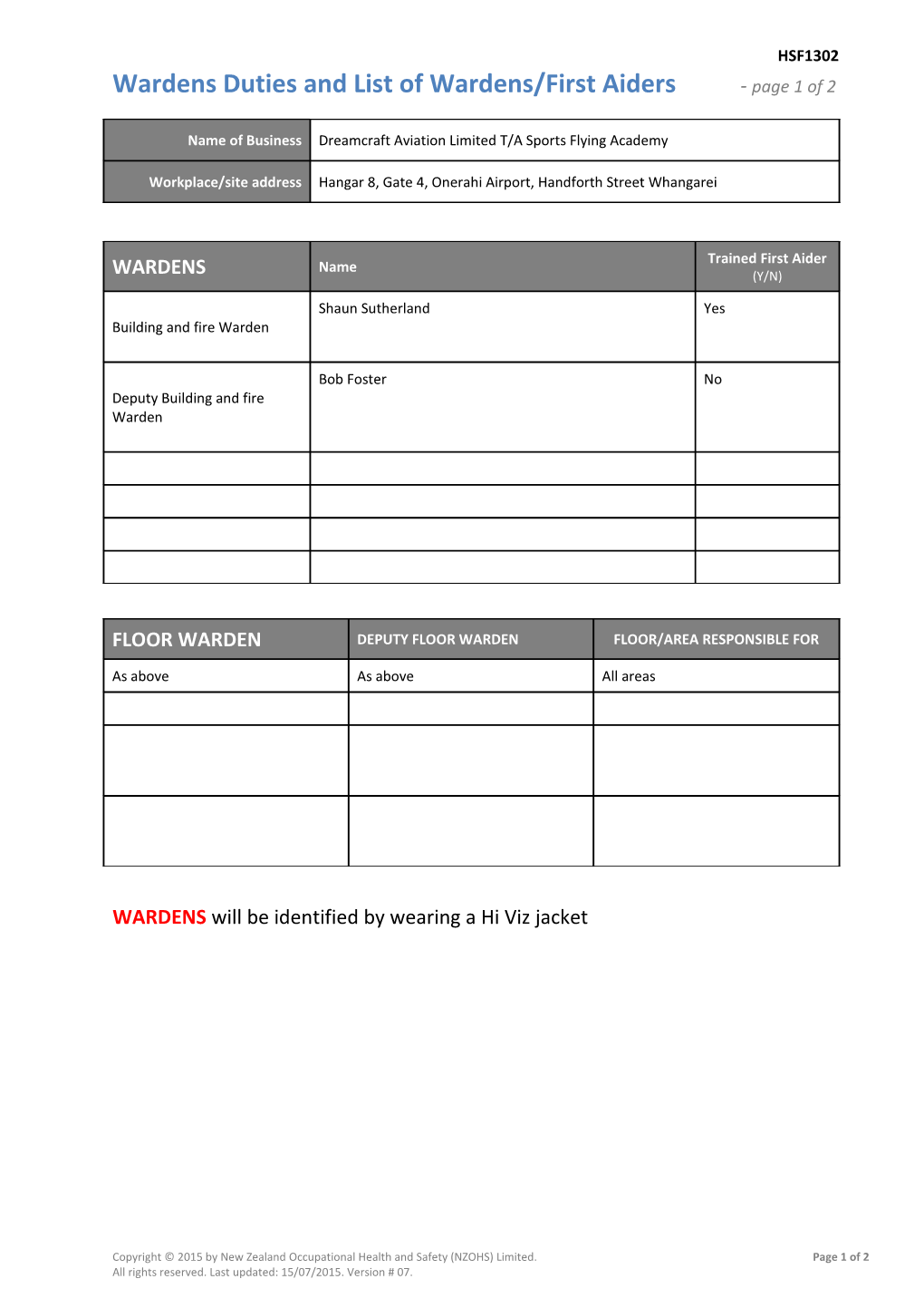 Wardens Duties and List of Wardens/First Aiders - Page 1 of 2