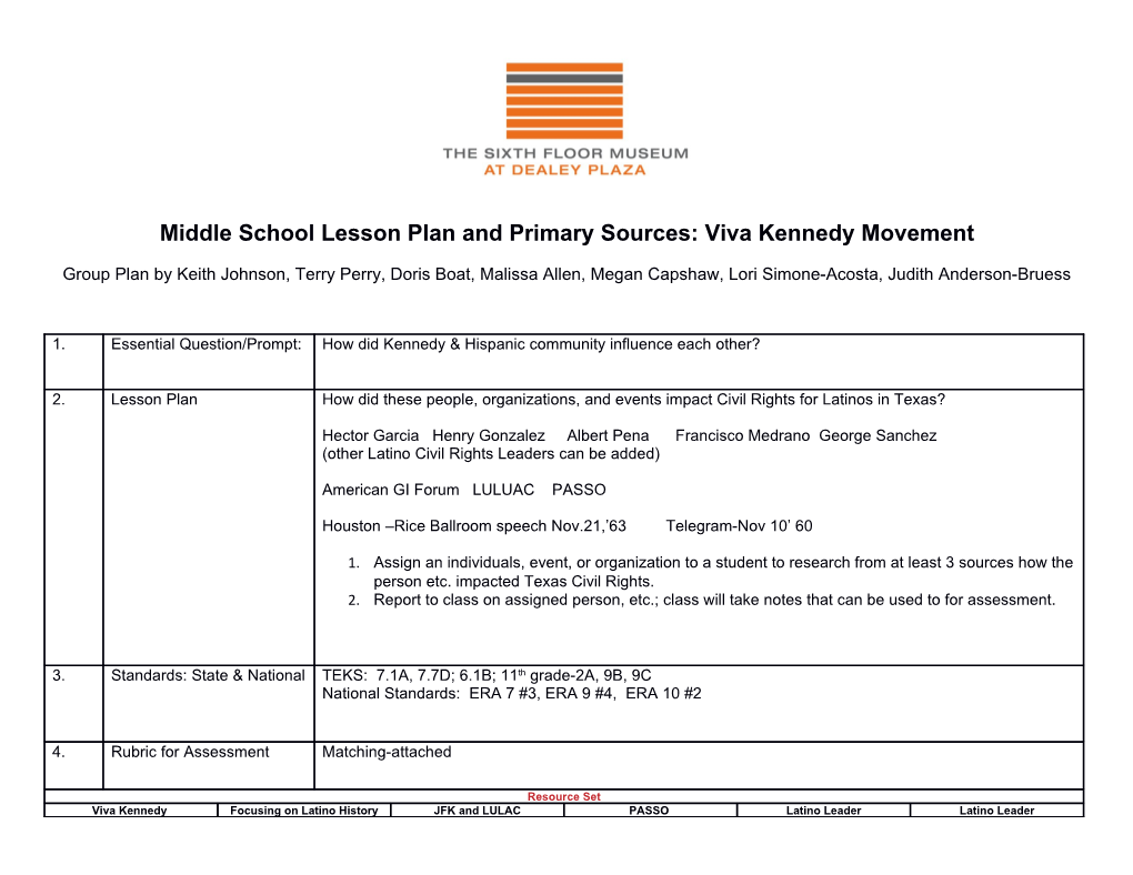 Middle Schoollesson Planand Primary Sources: Viva Kennedy Movement