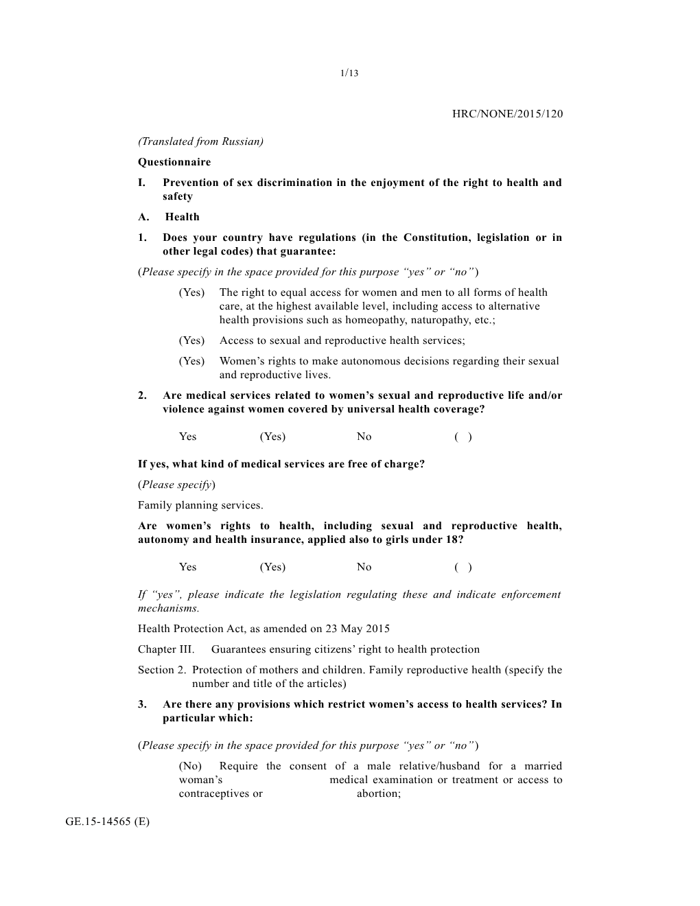 I.Prevention of Sex Discrimination in the Enjoyment of the Right to Health and Safety