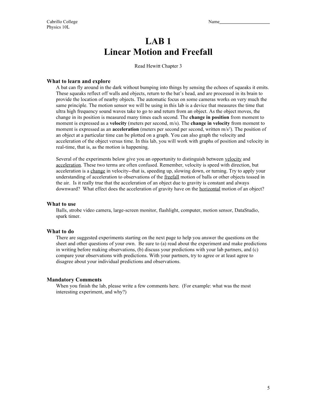 Linear Motion and Freefall