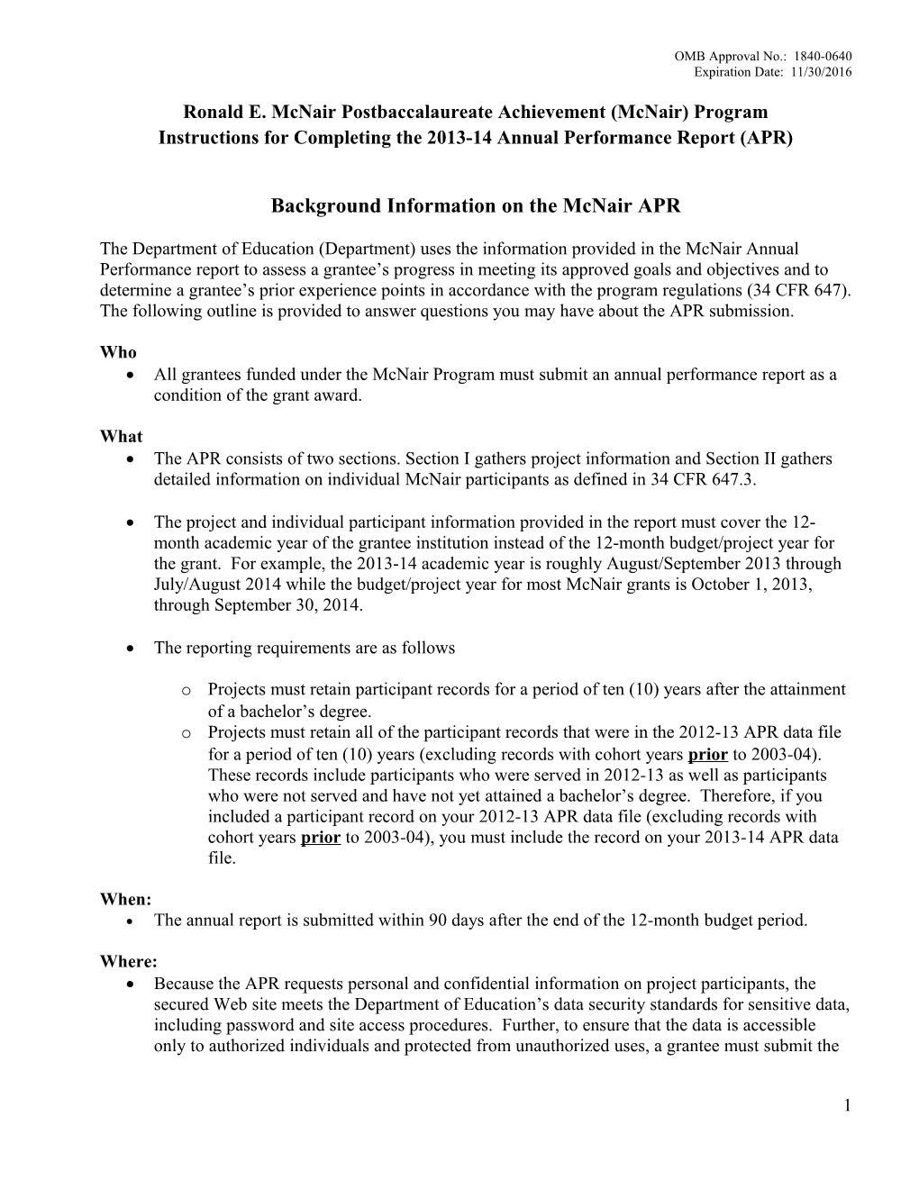 2013-2014 Annual Performance Report Instructions for the Ronald Mcnair Program (MS Word)