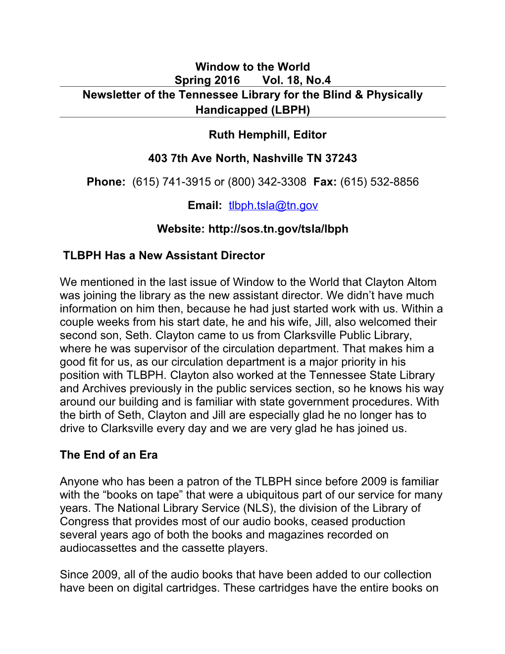 Newsletter of the Tennessee Library for the Blind & Physically Handicapped (LBPH)
