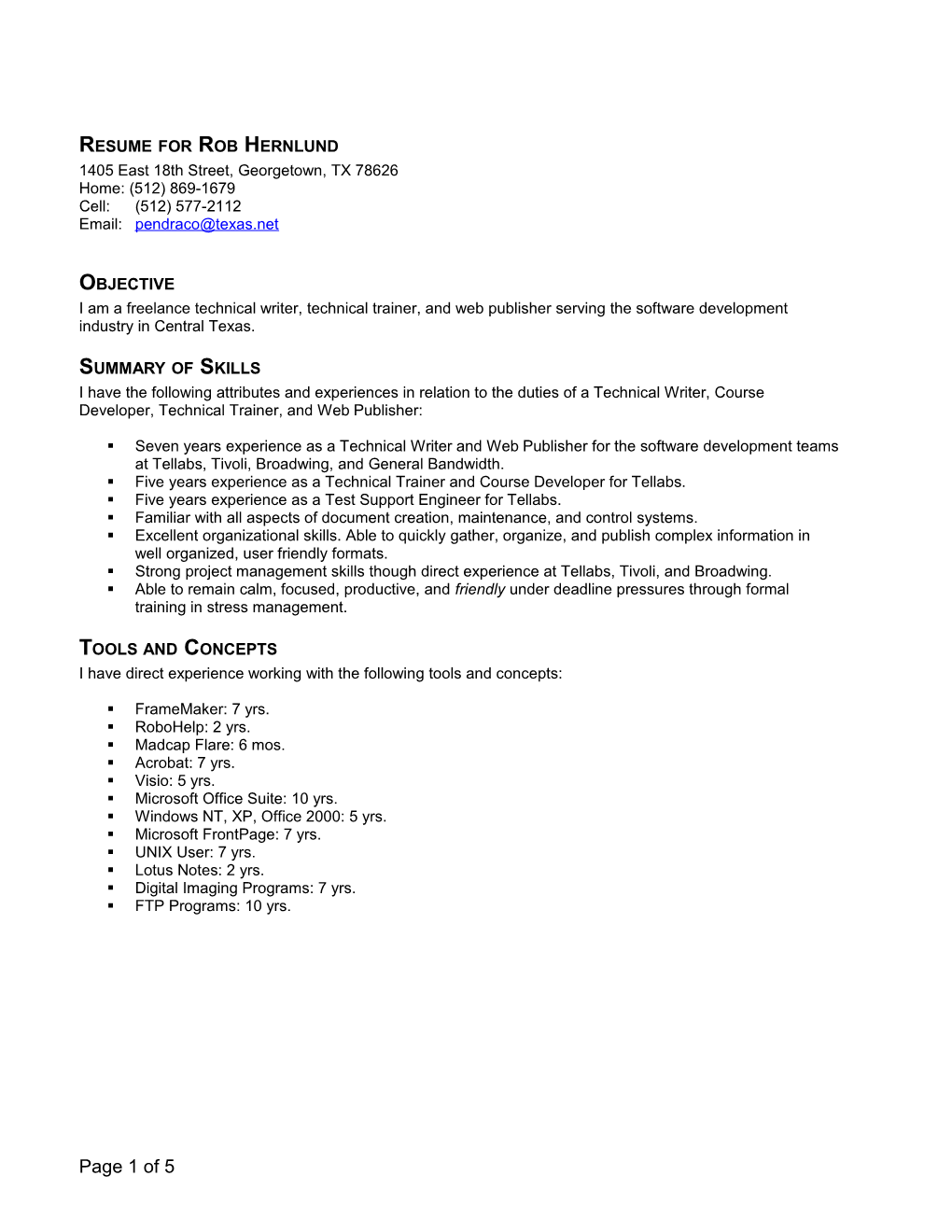 Resume for Rob Hernlund