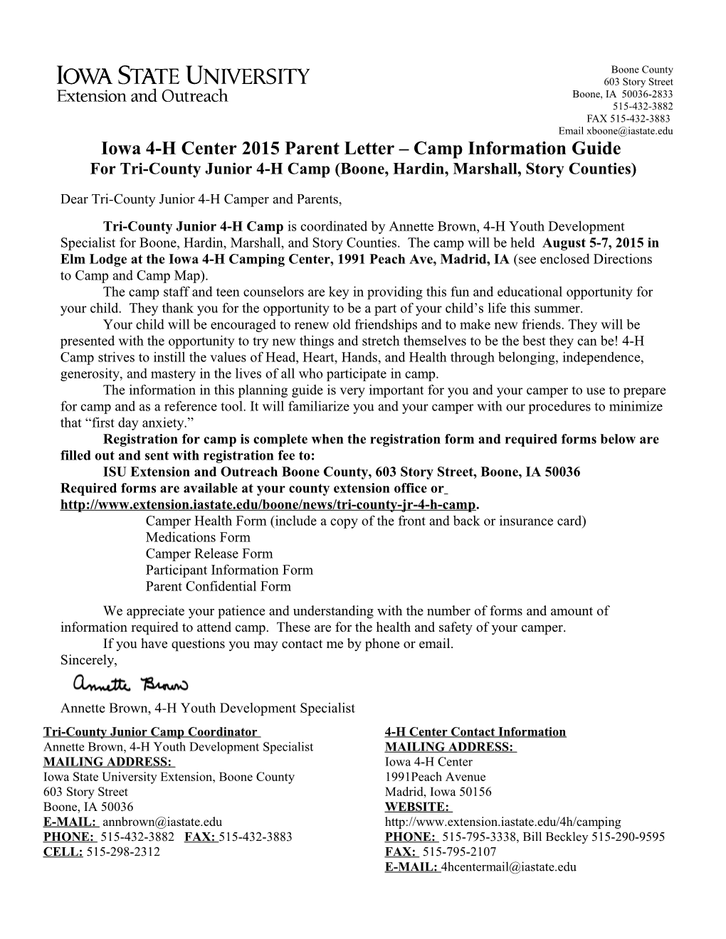 Iowa 4-H Center 2015Parent Letter Camp Information Guide